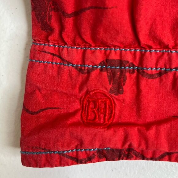 Barn Fly Red Steer Bull Print Long Sleeve Roll Tab Button Front Shirt Women XL - Picture 6 of 13
